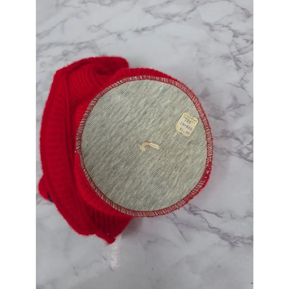 Vintage Red Knit Pom Pom Hat with Black Stripe 60s 70s Infant or Toddler